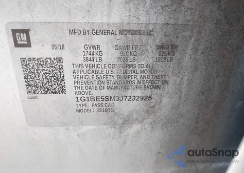 2018 Chevrolet Cruze Lt Auto z USA, uszkodzony, nr VIN 1G1BE5SM3J7232925